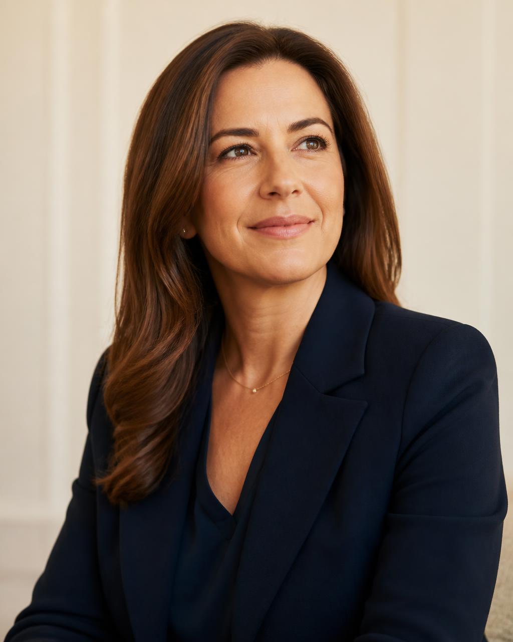 Krista Rooney in a navy blazer, editorial portrait
