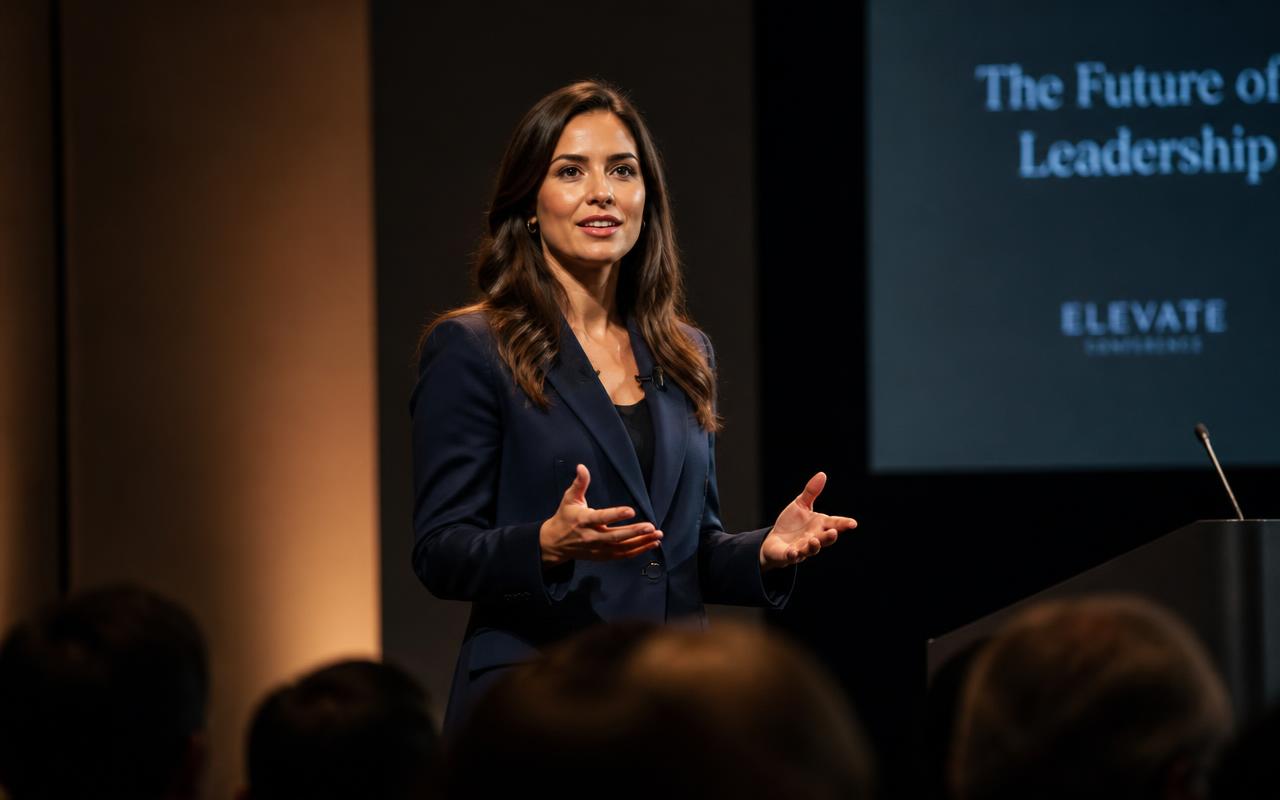 Krista Rooney speaking on stage about trust and leadership